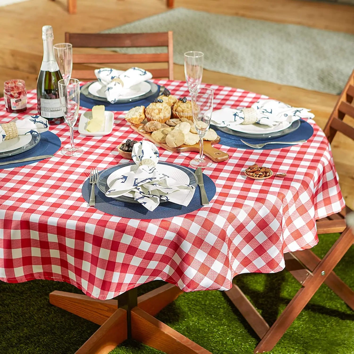 60"R Polyester Easy-to-clean Printed Waterproof Oilproof Outdoor Party Round Red and White Check Tablecloth