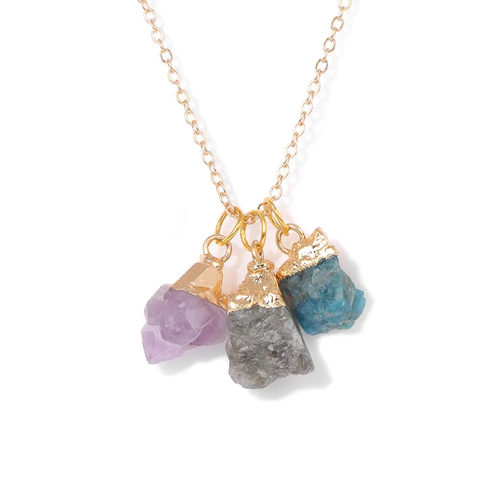 Trendy Irregular Three Stones Pendant Stainless Steel Chain Natural Raw Stone Necklace for Women