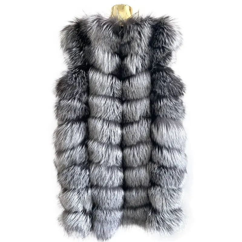 Customized Winter Warm Natural Color Real Silver Fox Fur Vest Women's Jacket with Cotton Filling and Polyester Lining