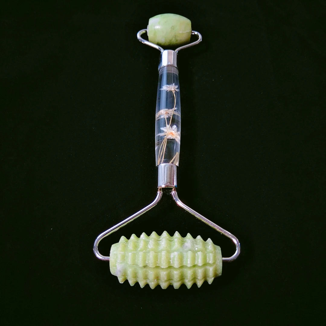 HY Double roller flower handle facial slimming face skin care natural jade xiuyan spiky massage roller