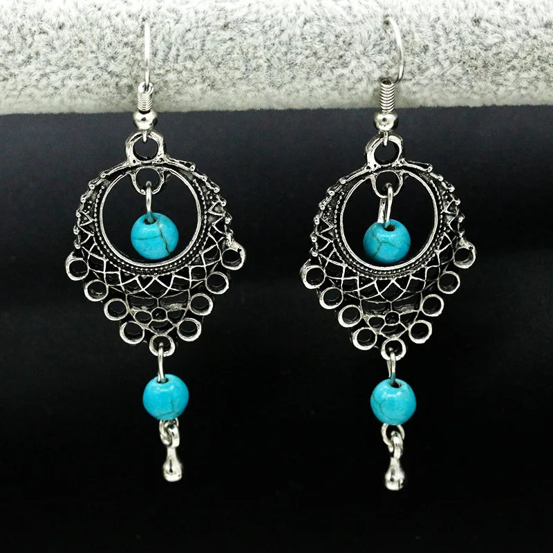 2022 Fashion Retro Ethnic Style Hollow Turquoise Water Drop Earrings Bohemian Tassel Ear Stud Earrings Jewelry for Women