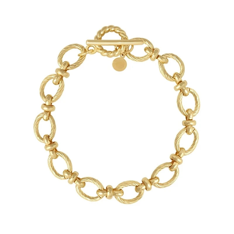 Personalized Children's Trendy Modern 316L Stainless Steel Gold Plated Textured Oval Link Chain T-Bar Bracelet for Anniversary