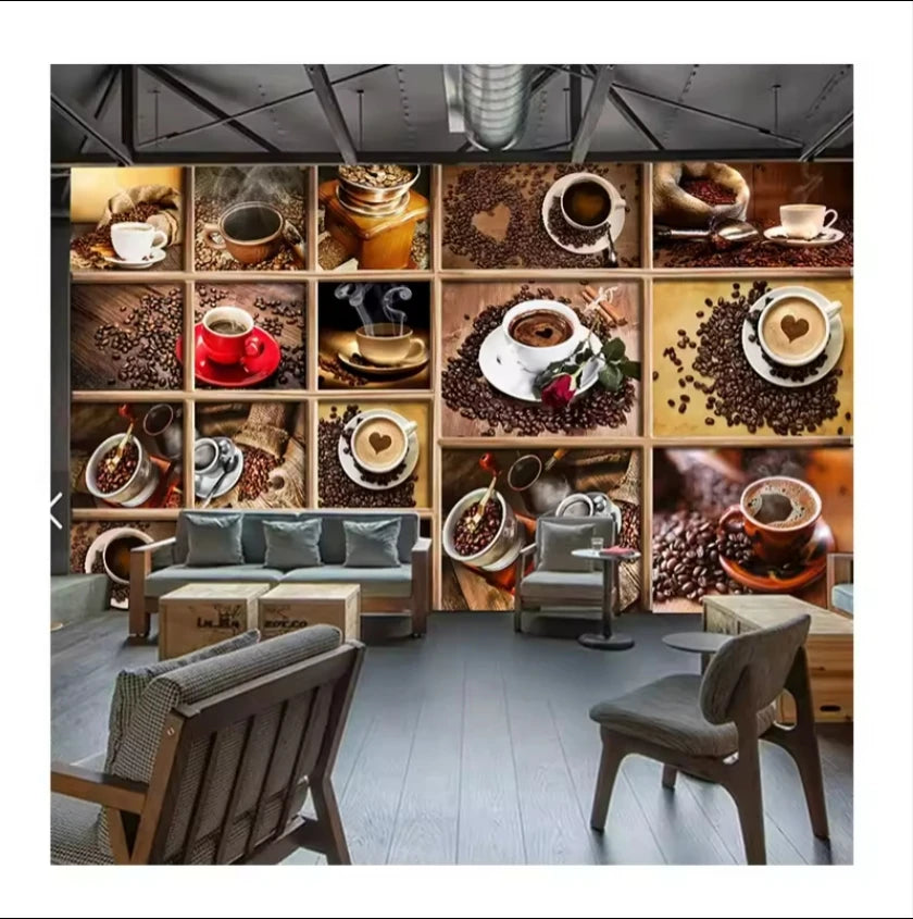 Custom 3D Photo Wallpaper Coffee Beans Cup Mural for Cafe Living Room Kitchen Decorative Wallpaper Waterproof Anti-Static