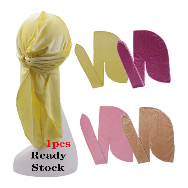 Hip Hop Style Pirate Hat Trendy Sequin Wave Flower Rhinestone Gold Velvet Long Tail Durag for Women