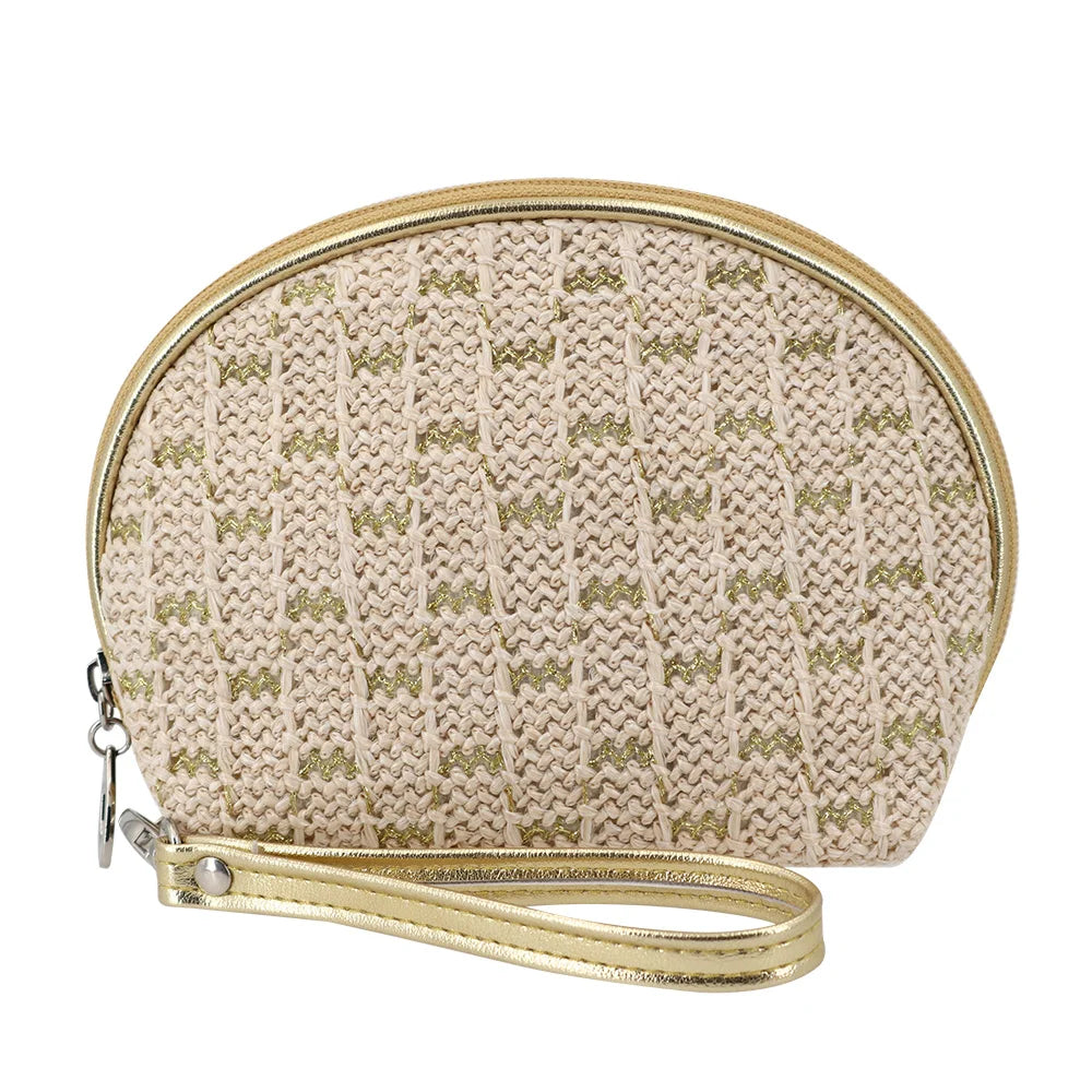 Fashion Hot Stamping PP Straw Material Make up Toiletry Bag with Removable Wrist Strap Zipper Portable Straw Cosmetics Bag OEM