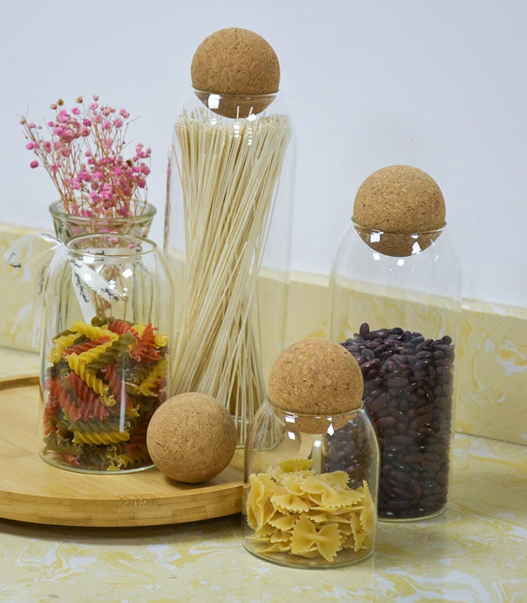 Wholesale Round Small Borosilicate Glass Spice Jar Wood Cork Ball Lids Tea