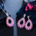 Micro Pave Excellent Fuchsia Red Cubic Zirconia Dangle Pendant Necklace Tear Drop Earring Jewelry Set for Women Festive Prom