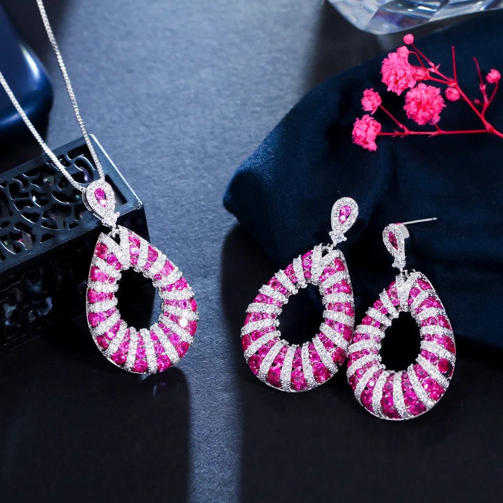 Micro Pave Excellent Fuchsia Red Cubic Zirconia Dangle Pendant Necklace Tear Drop Earring Jewelry Set for Women Festive Prom