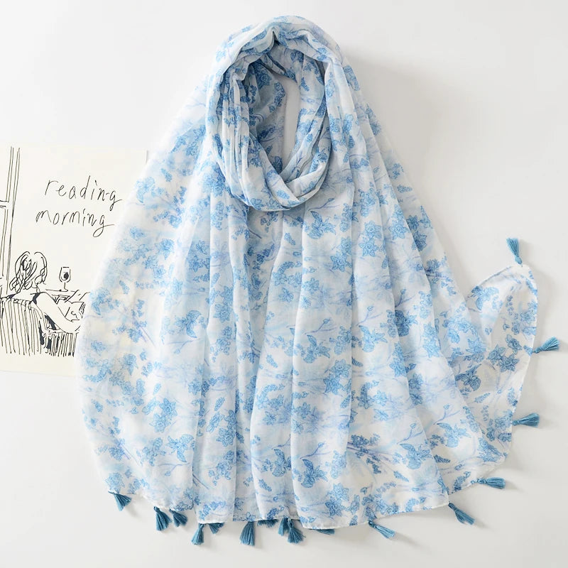 Fashion Soft Light Blue White Flower Pattern Muslim Hijabs Arabic Scarfs 180*90cm Summer Thin Breathable Cotton Voile Scarves