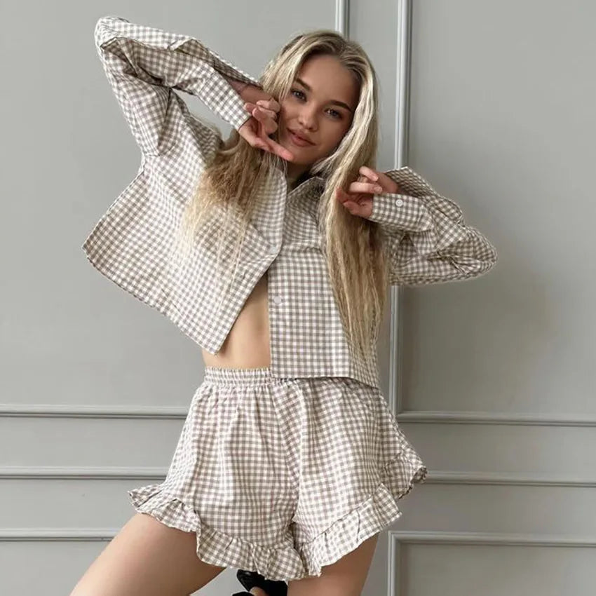 Enyami Sleepwear Nighty Long Sleeve Ruffled Shorts Plaid Pure Cotton Sets Loose Casual Home Clothes Women Suit Pajamas
