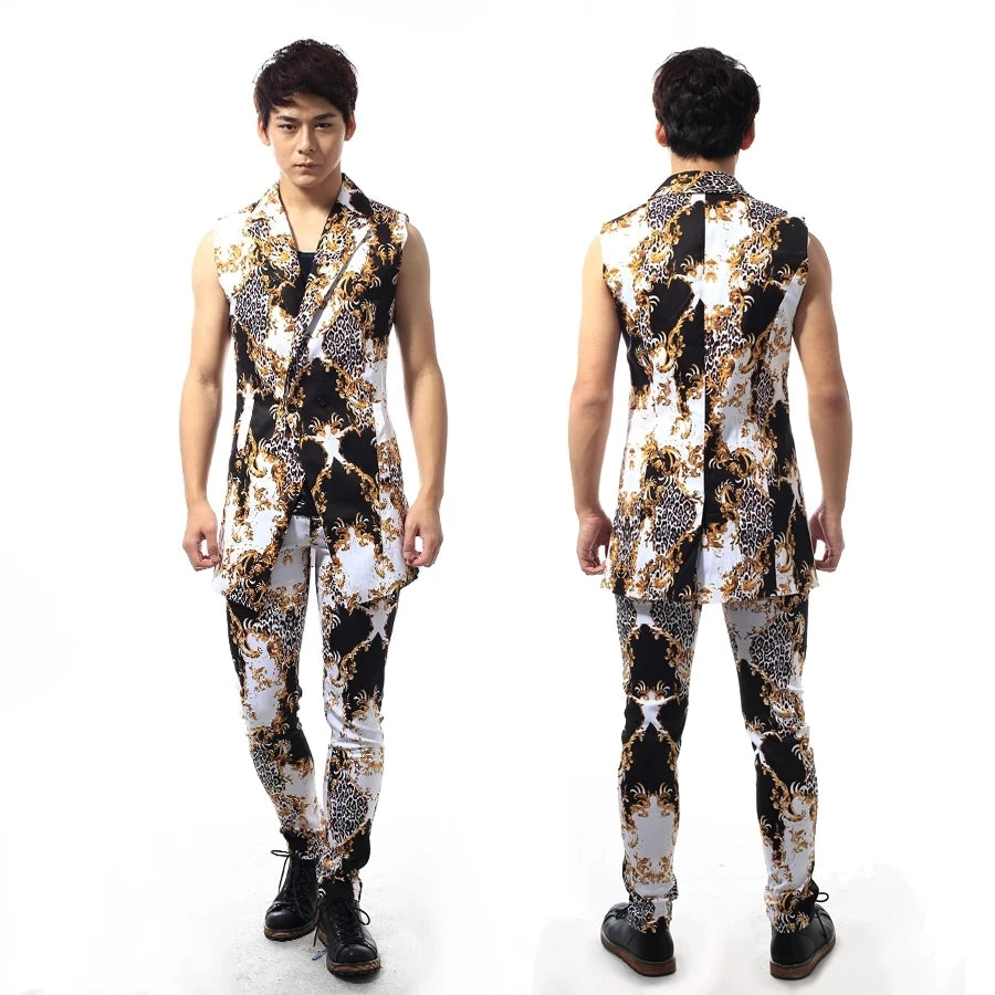 Nightclub Host Stage Performance Suit Casual Leopard Print Suit Men Boy Jazz Dance Korean Style Slim Waistcoat Suit