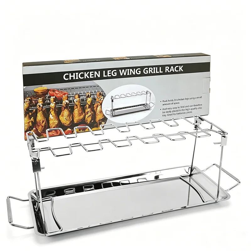 Stainless Steel Chicken Leg Wing Grill Rack Roaster Stand With Drip Pan 14 Slots BBQ Drumsticks Folding Roasting Rack