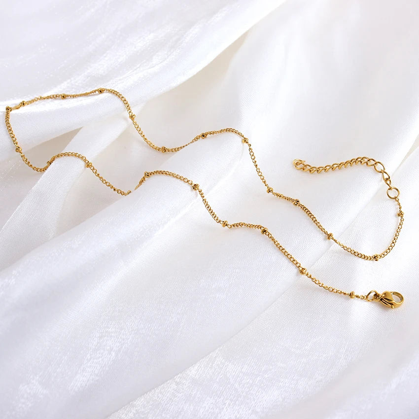 Minimalist Beaded Chain Choker Necklace Stainless Steel 18K Gold Plated Waterproof Satellite Bead Chain Layering Necklace
