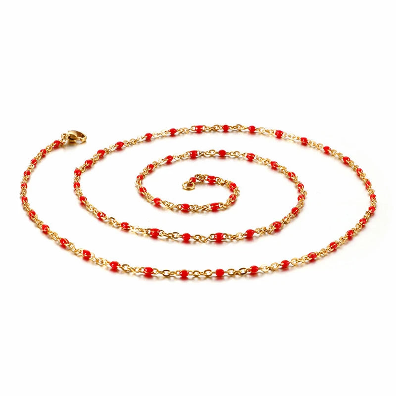 Women's Stainless Steel Enamel Beaded Link Chain Necklace Gold Multi Color Necklaces Jewelry