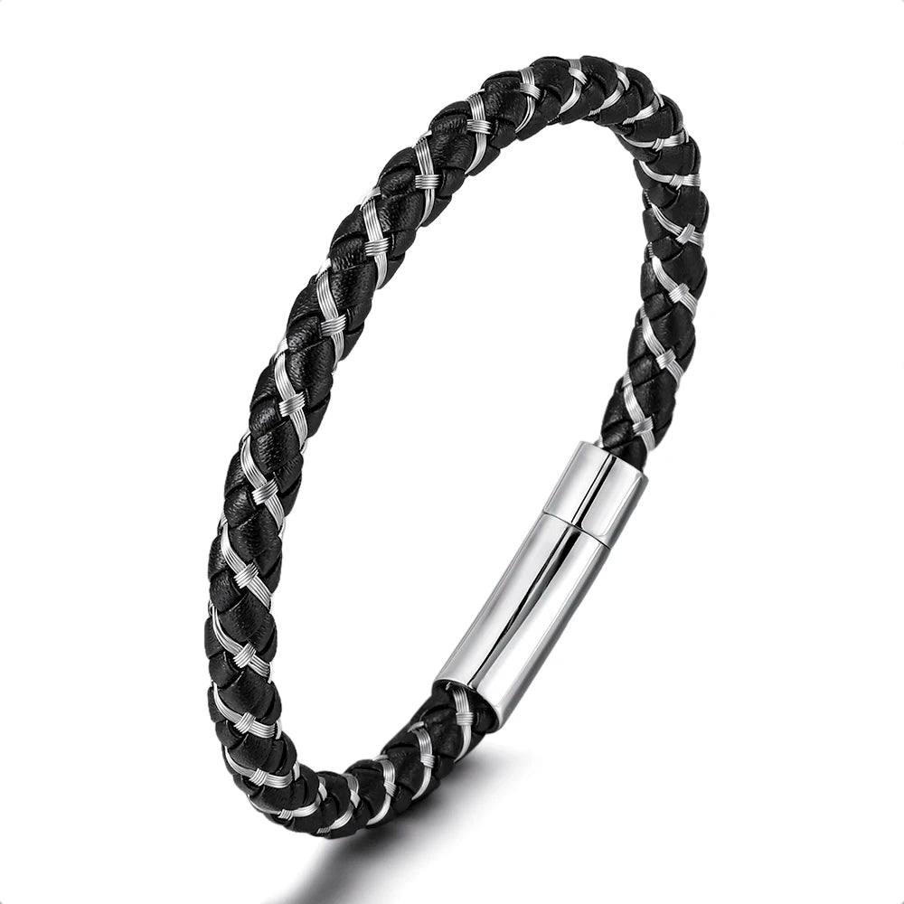New Design Fashion Luxury Braided Magnetic Buckle Stainless Steel Simple Black Silver Unisex Charm Anniversary Bracelet