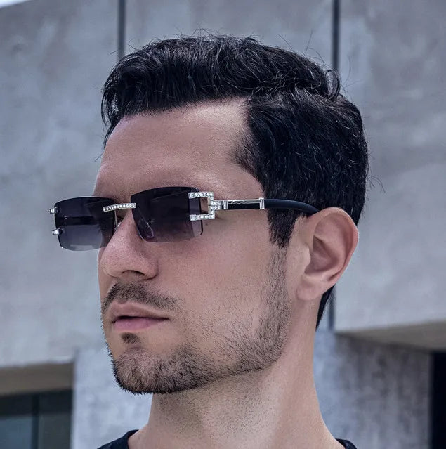 2023 Hot Selling Luxury Transparent Shade Sunglasses Retro Wooden Leg Sunglasses Frameless Rhinestone Square Sunglasses