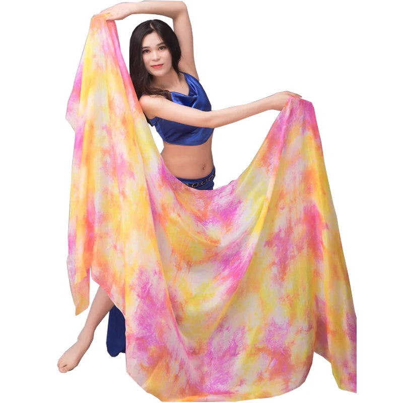 100% Silk Soft Hand Tie Dye Long Colored Silk Scarf for Oriental Belly Dancing Veil for Class Practice Training Dancewear