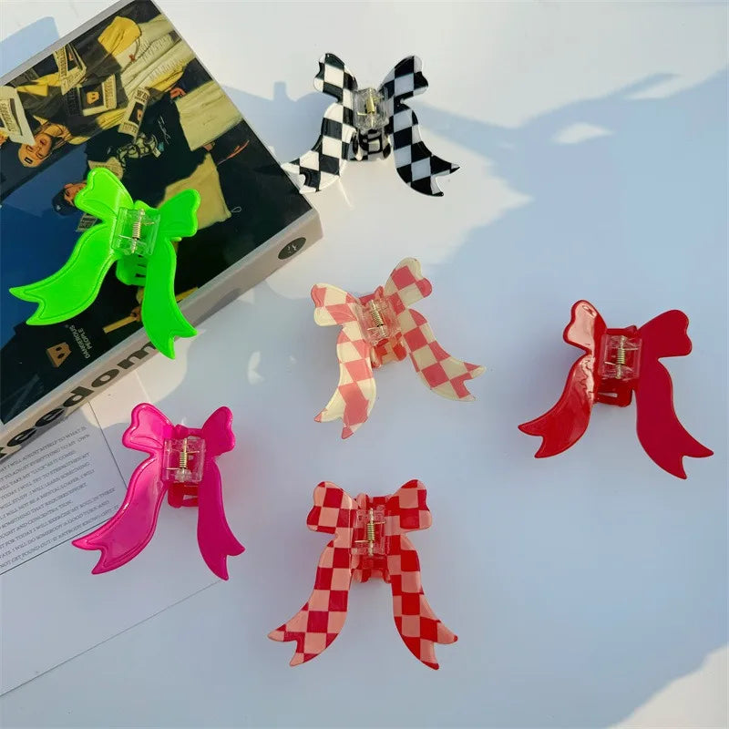 ZiTeng New Plaid Acetate Bow Hair Clip Simple Temperament Half Hair Claw with Skirt Girl's Hair Accessories
