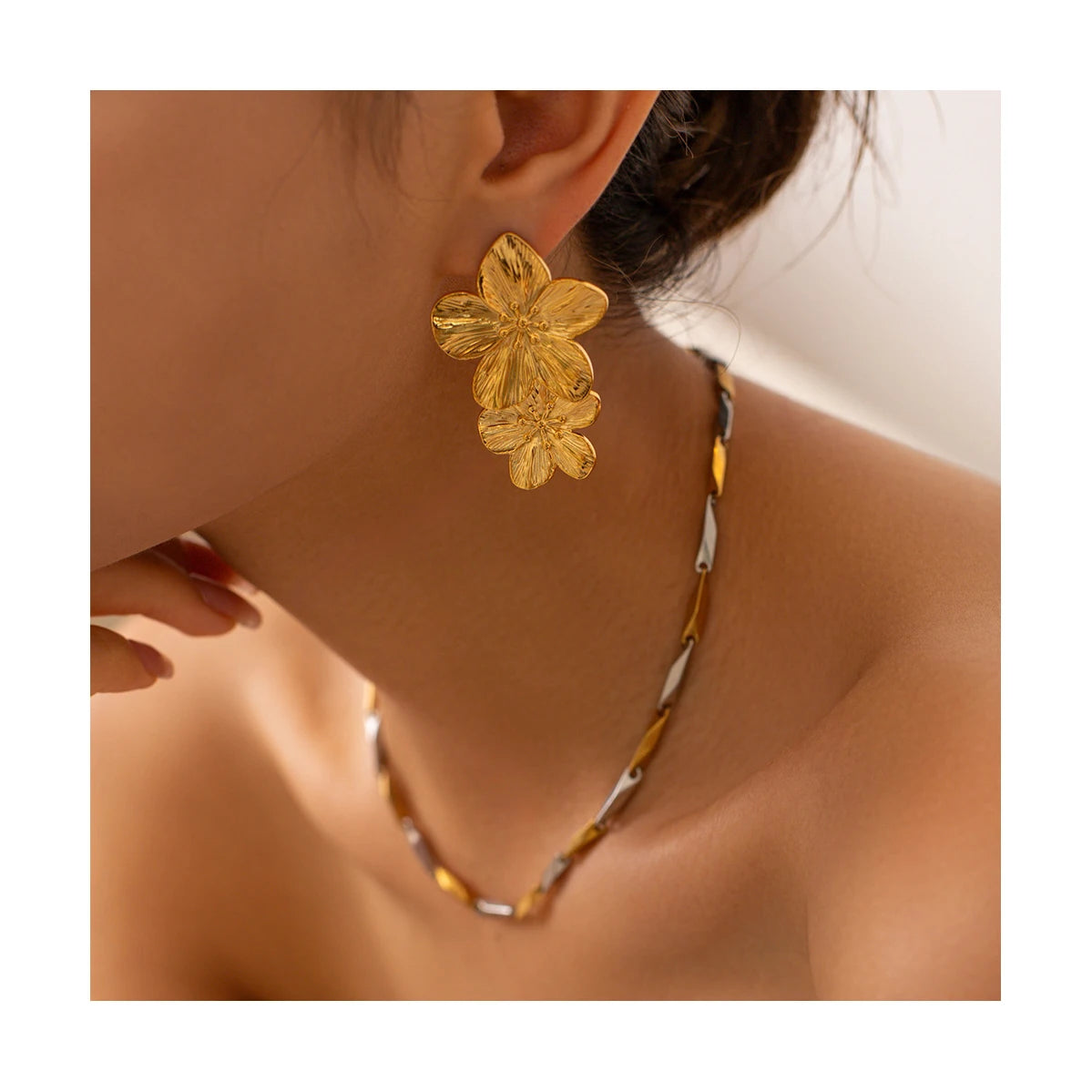 ERESI INS Luxury Stainless Steel Jewekry Double Flower Pendant Stud Earring Vintage Waterproof PVD 18K Gold Plated Drop Earrings