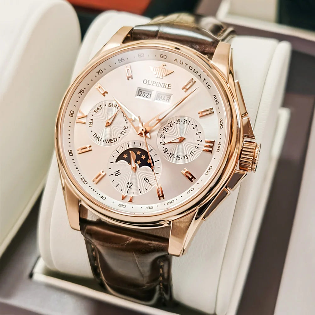 OUPINKE 3189 OEM Custom Luxury Fashion Business Waterproof Moon Sport Luminous Men's Automatic Mechanical Watch Mens Wrist Watch