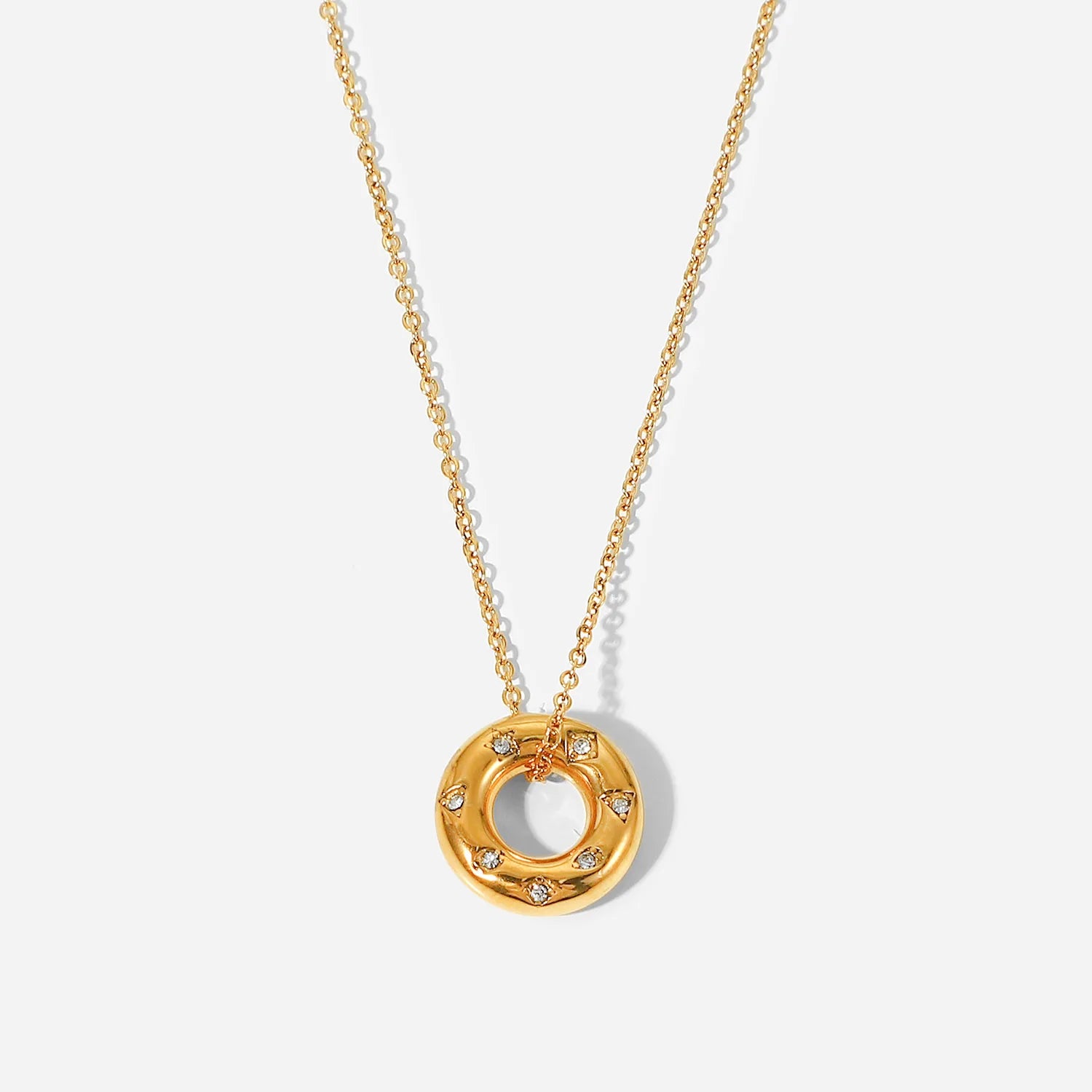 18k Gold Plated Stainless Steel Tarnish Free Cubic Zirconia Circle Hollow Pendant Necklace