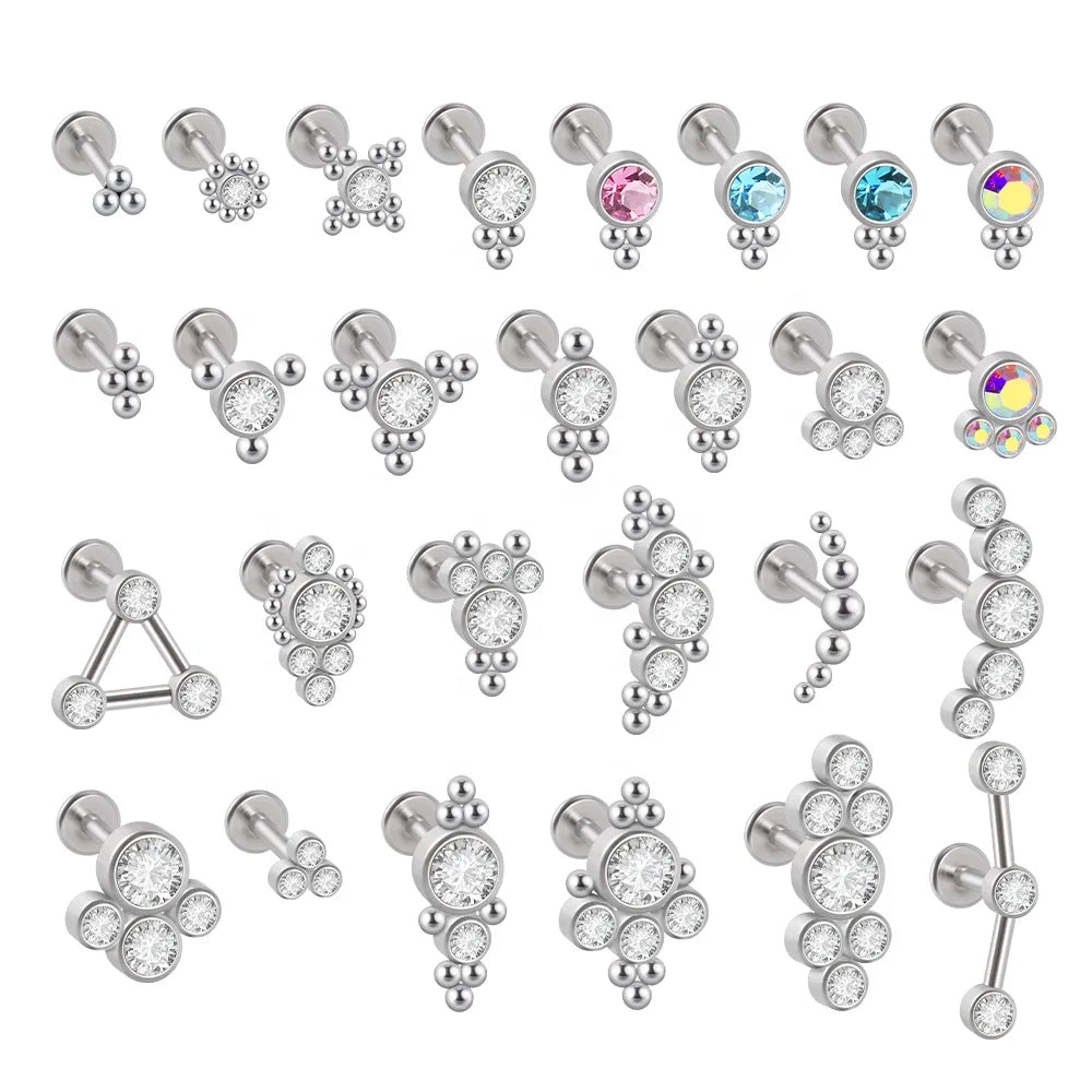Stainless Steel CZ Gem Labret Lip Bar Screw Fit Top 16G Crystal Ear Cartilage Tragus Helix Piercing Jewelry Wedding Moon Shape