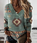 2025 Spring Fall Aztec Pattern Indigenous Clothing Blusas De Mujer Long Sleeve V Neck Shirts Blouses for Ladies
