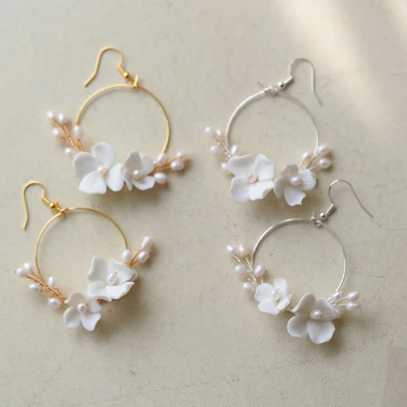 SLBRIDAL Ins Style Sparkling Crystal Rhinestones Porcelain Flower Freshwater Pearls Bridal Wedding Earring Women Girls Earrings