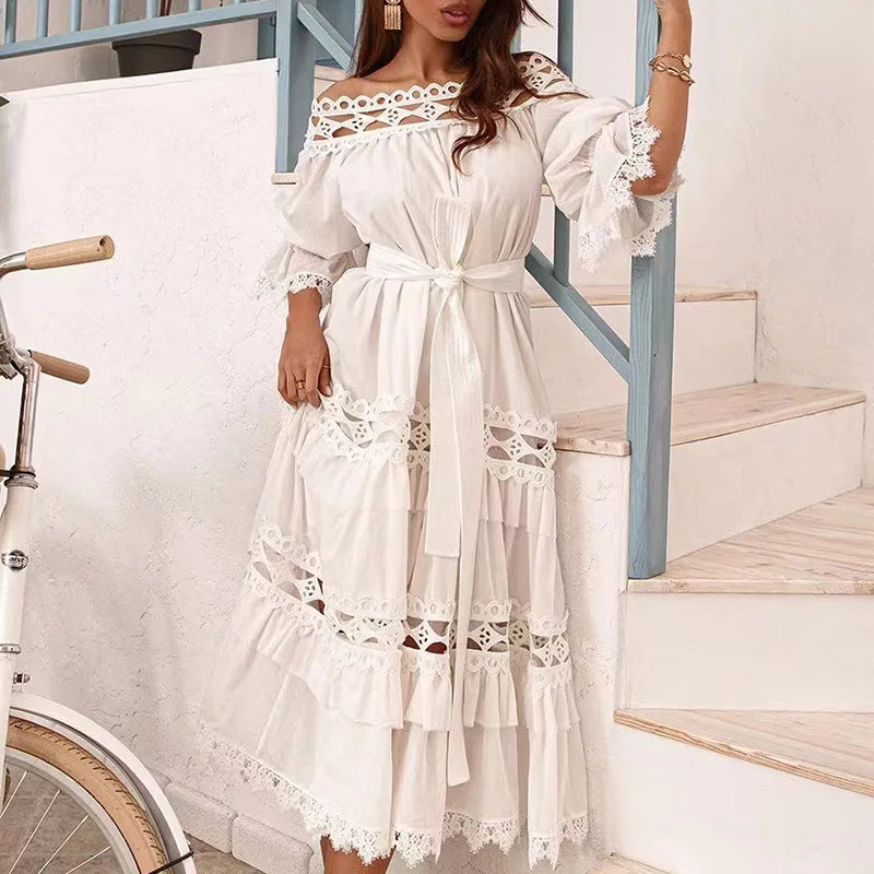 Vestidos Mujer Style Lace Dress 2022 Autumn New Style Hollow Hook Flower Lace Ruffle Dresses