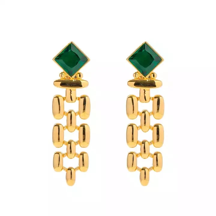Luxury Style 18K Real Gold Plated Green Zircon Chain Earring Brass Watchbelt Chain Emerald Drop Earring