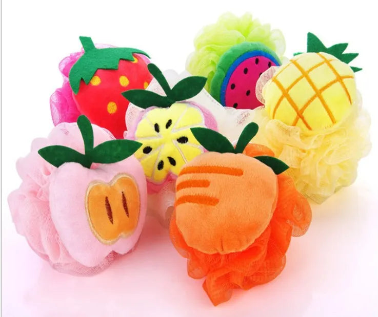 Cute Fruit Bath Shower Sponge Loofahs Mesh Pouf Shower Ball Colorful Cartoon Body Scrubber Balls Shower Mesh for Kids Adults
