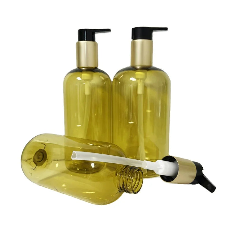 500ml 350ml 250ml Round Boston Lotion Plastic PET Bottle with Golden Pump for Liquid Hand Wash or Shampoo