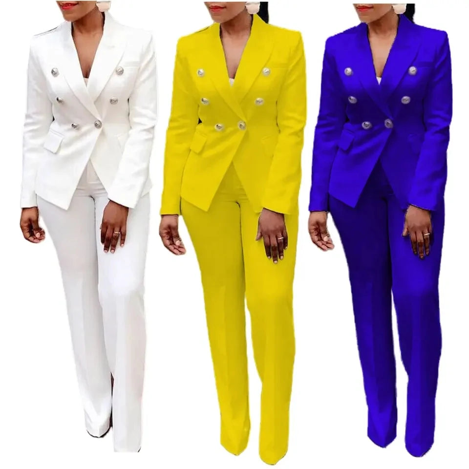 S-4XL New Women's Elegant Solid Color Set Women's Double Breasted Coat Suit Pants Business Set