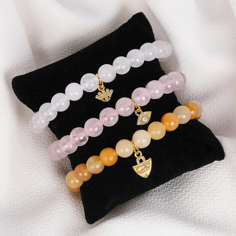 HOVANCI Natural Stones Jewelry Crystal Evil Eyes Pendant Bracelet 12 Healing Natural Stone Beaded Stretch Bracelet