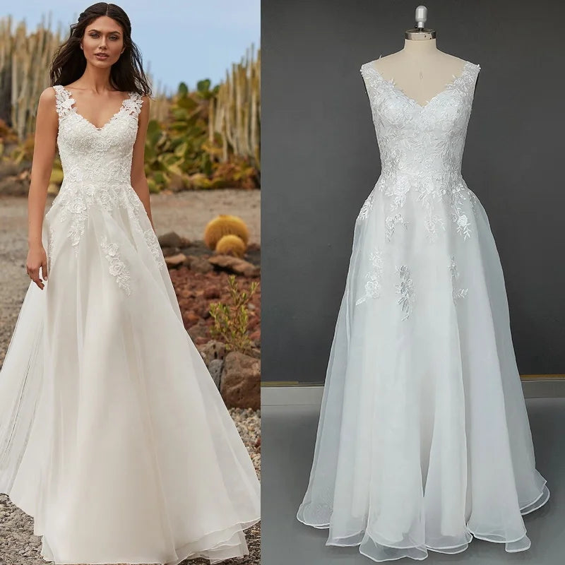 10725 #Elegant Open Back A-Line Bohemian Beach Wedding Dress 2021 V Neck Lace Applique Floor Length Sleeveless Bridal Gowns