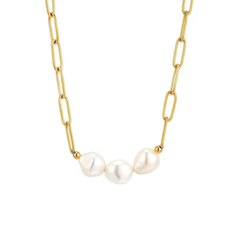 Stainless Steel Gold Plated Baroque Necklace Vintage Style Freshwater Pearl Necklace With Fashionable Paper Clip Accessories
