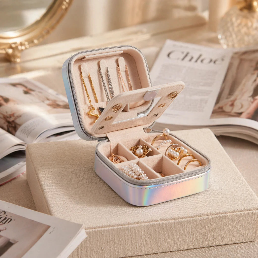 Large Capacity Earrings Rings Jewelry Packaging Shining PU Leather Travel Jewelry Box with Mirror for Girls