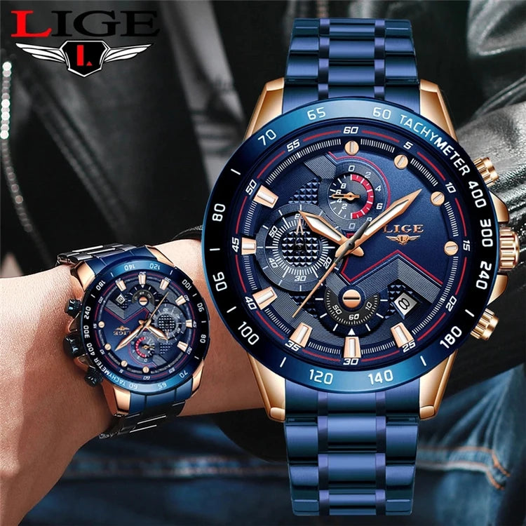 LIGE 9982 LIGE Watches Business Brand Men Watches Chic Casual Watch Quartz Stainless Steel Waterproof Calendar Sports Clock