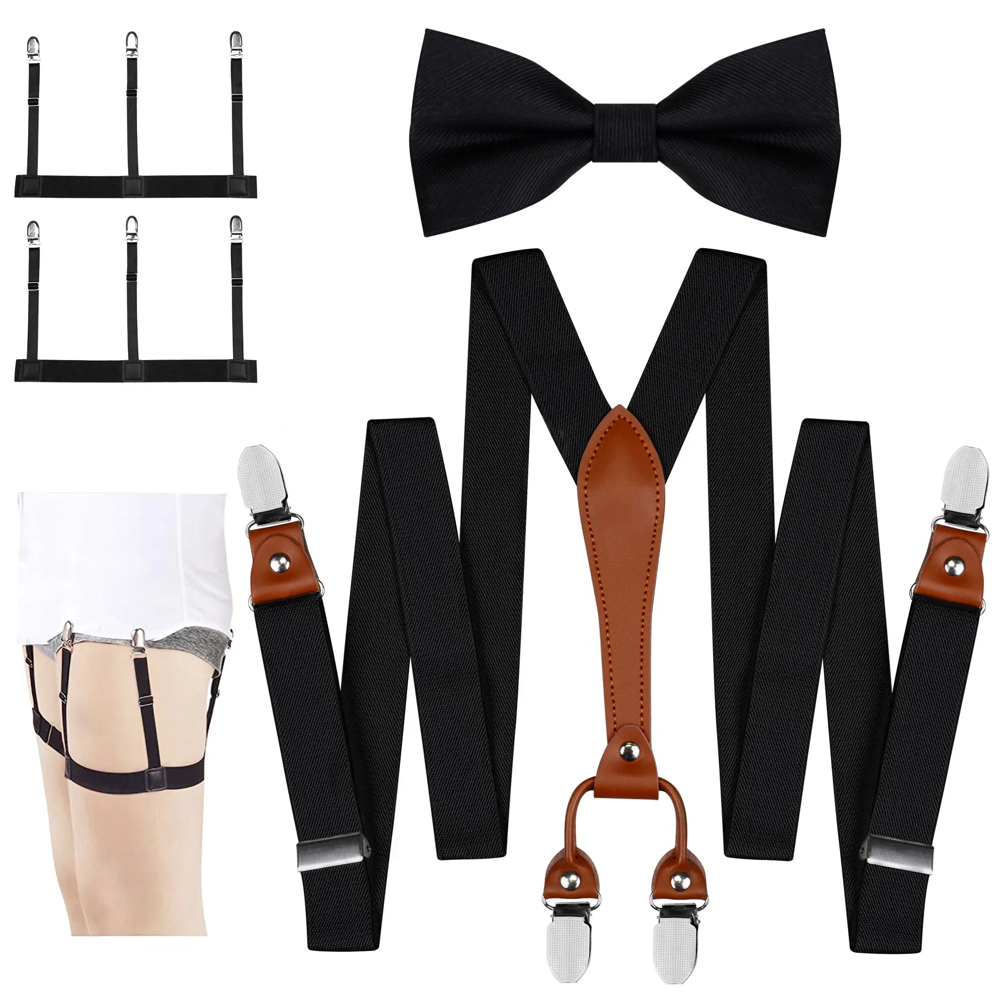 Men's Elastic Band Suspenders Braces Casual Suspenders Strap Bretele With Shirt Clips and Bow Tie 3pcs/set for Meeting Weeding
