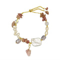 Adjustable Freshwater Pearl Women's Bracelet Set with Irregular Rose Stone Gold Plated Copper Bangles for Gift
