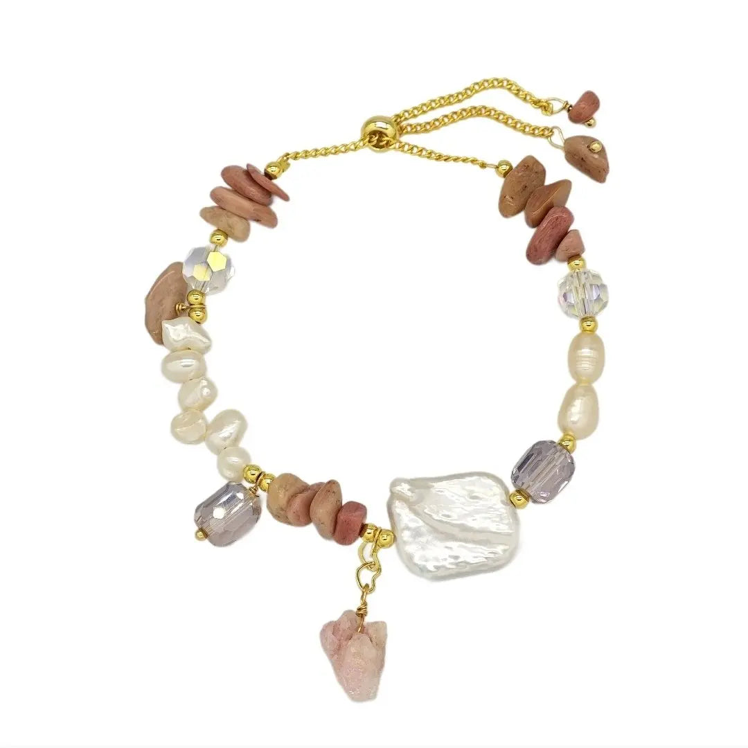Adjustable Freshwater Pearl Women's Bracelet Set with Irregular Rose Stone Gold Plated Copper Bangles for Gift