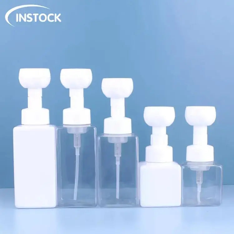 Large-Capacity Empty Plastic Bottle with Flower-Shaped Pump 250/450/500ml Facial Cleanser Foam Spot Square PET Material