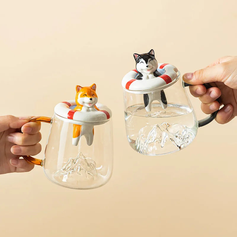 Creative Lovely Coffee Cup Gift Glass Mugs Cute Cartoon Dog Animal  Glass Milk Mug Prevent Scald With Lid