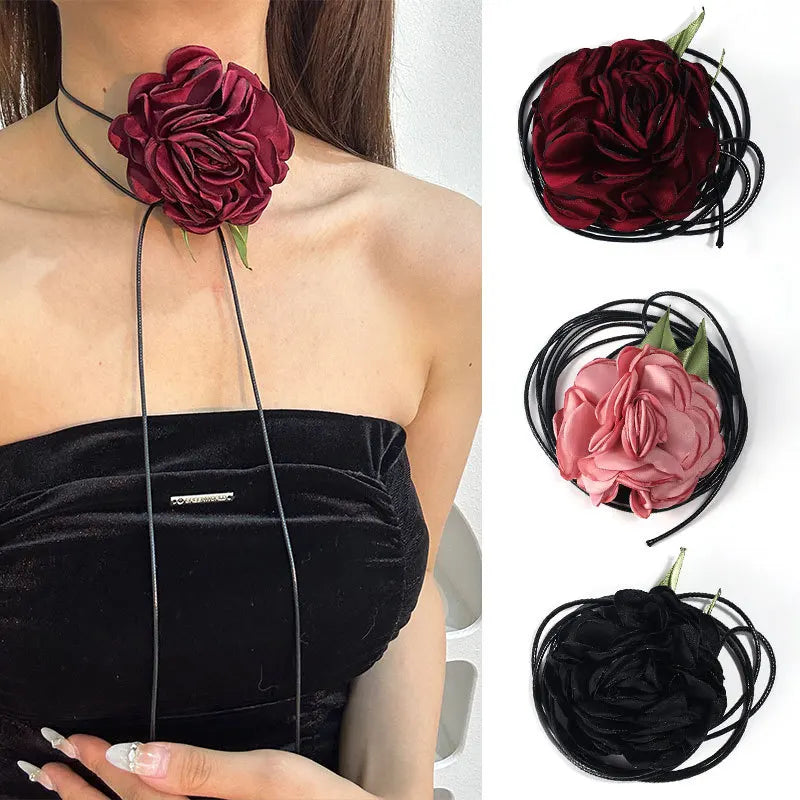 New Fashion Black White Romantic Flower Choker Necklace for Women Delicate Exaggerated Female Neck Rope Chain Jewelry Gift