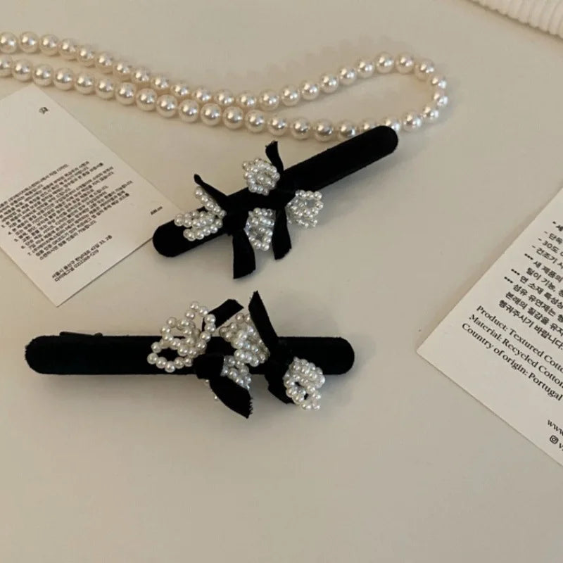 Elegant France Women Style Hair Clips for Girls Black Velvet White Pearl Hairpins Girl Clip