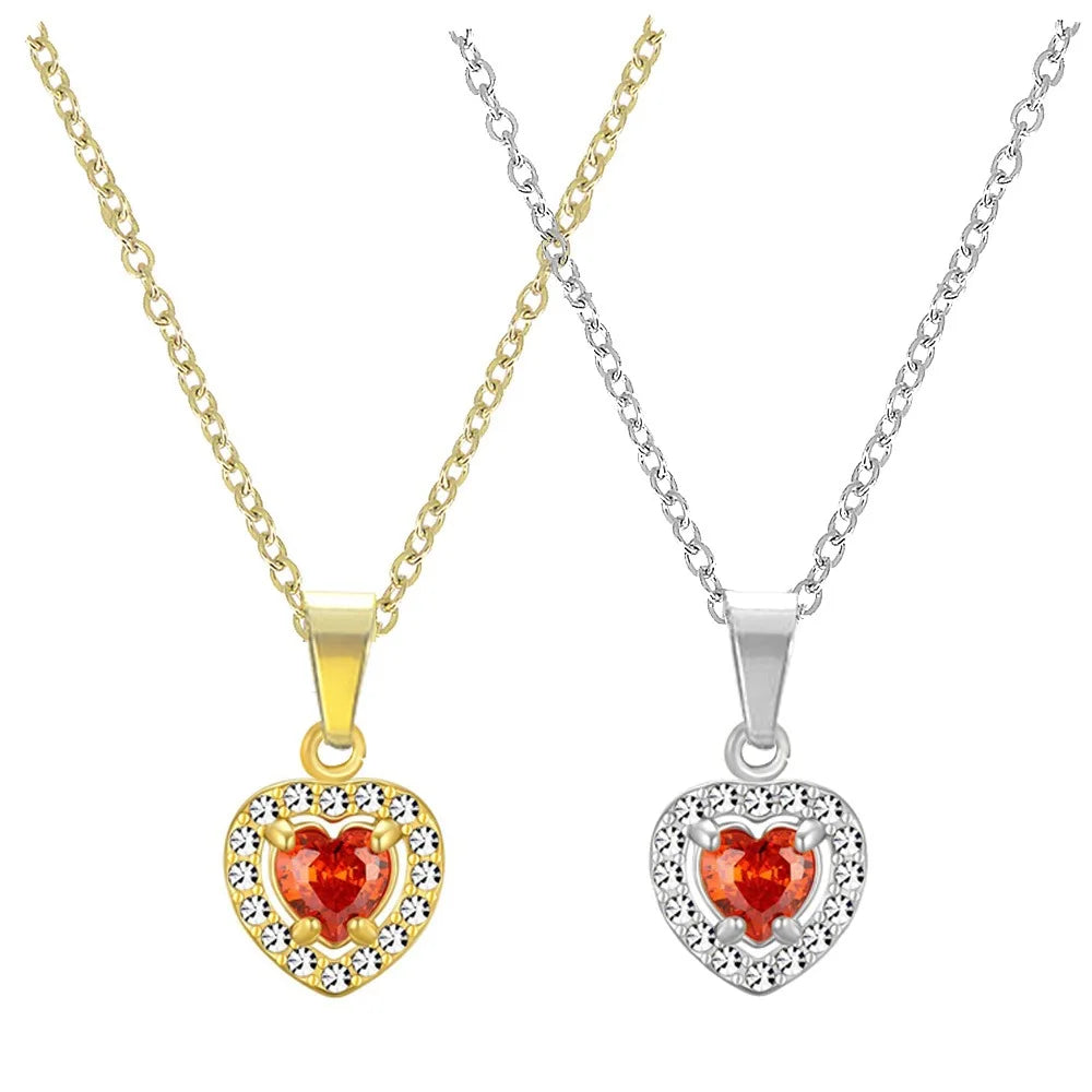 18K Gold Love Heart Shape  Stainless Steel Chain Pendant Bridal Jewelry Shiny Crystal Heart Charm Necklace for Engagement
