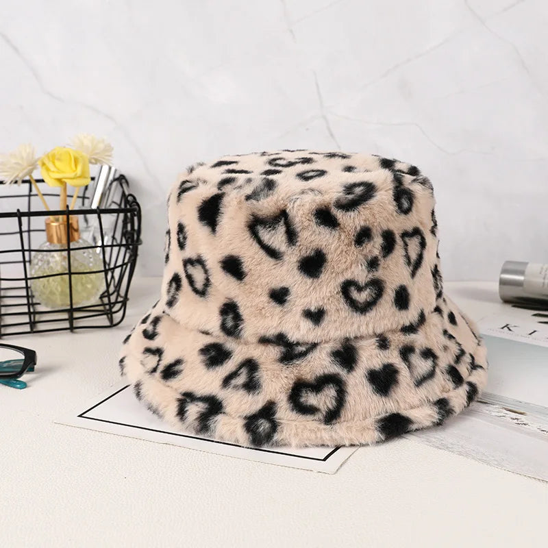 New Fashion Design Autumn and Winter Warm Windproof Leopard Plush Fisherman Cap Tiger Print Women Bucket Hats