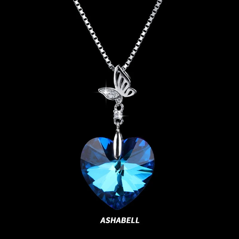 S925 Sterling Silver Necklace Simple Versatile Creative Austrian Crystal Butterfly Heart Necklace Women Fine Jewelry