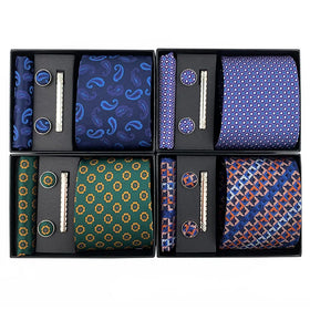 Wholesale Business Polyester Tie Set Gift Box Paisley Floral Neck Tie Cufflink Hanky Set for Men Ties Pin Accessories