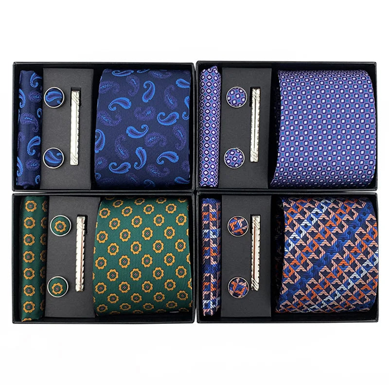 Wholesale Business Polyester Tie Set Gift Box Paisley Floral Neck Tie Cufflink Hanky Set for Men Ties Pin Accessories